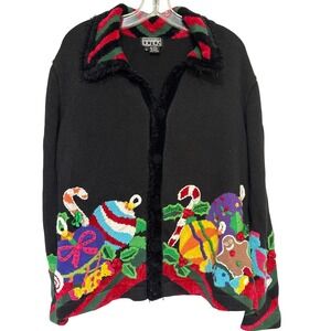 VTG‎ Berek Black Christmas Ornament Candy Cane Ugly Sweater Cardigan Size S